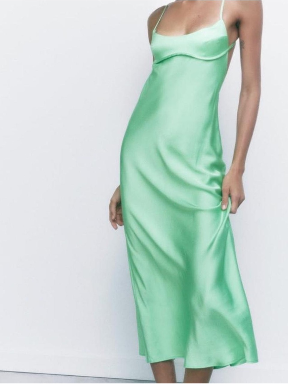 Zara Satin Strappy Slip Midi Dress in Green